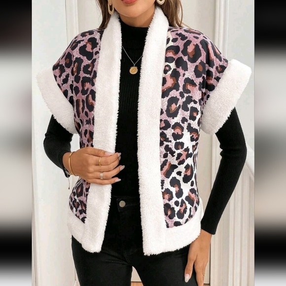Jackets & Blazers - Leopard Print Plush Hem Thermal Lined Casual Sleeveless Jacket For Women